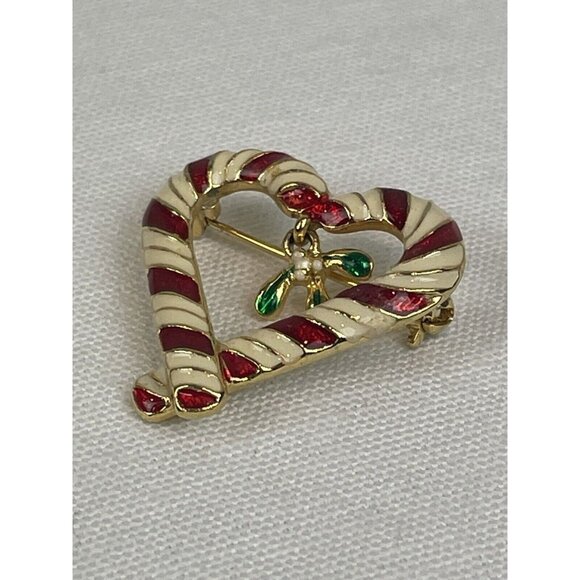 VTG Enamel Red White Gold Candy Cane Heart Dangle Holly Pin Brooch Signed GSK FS - Picture 3 of 7
